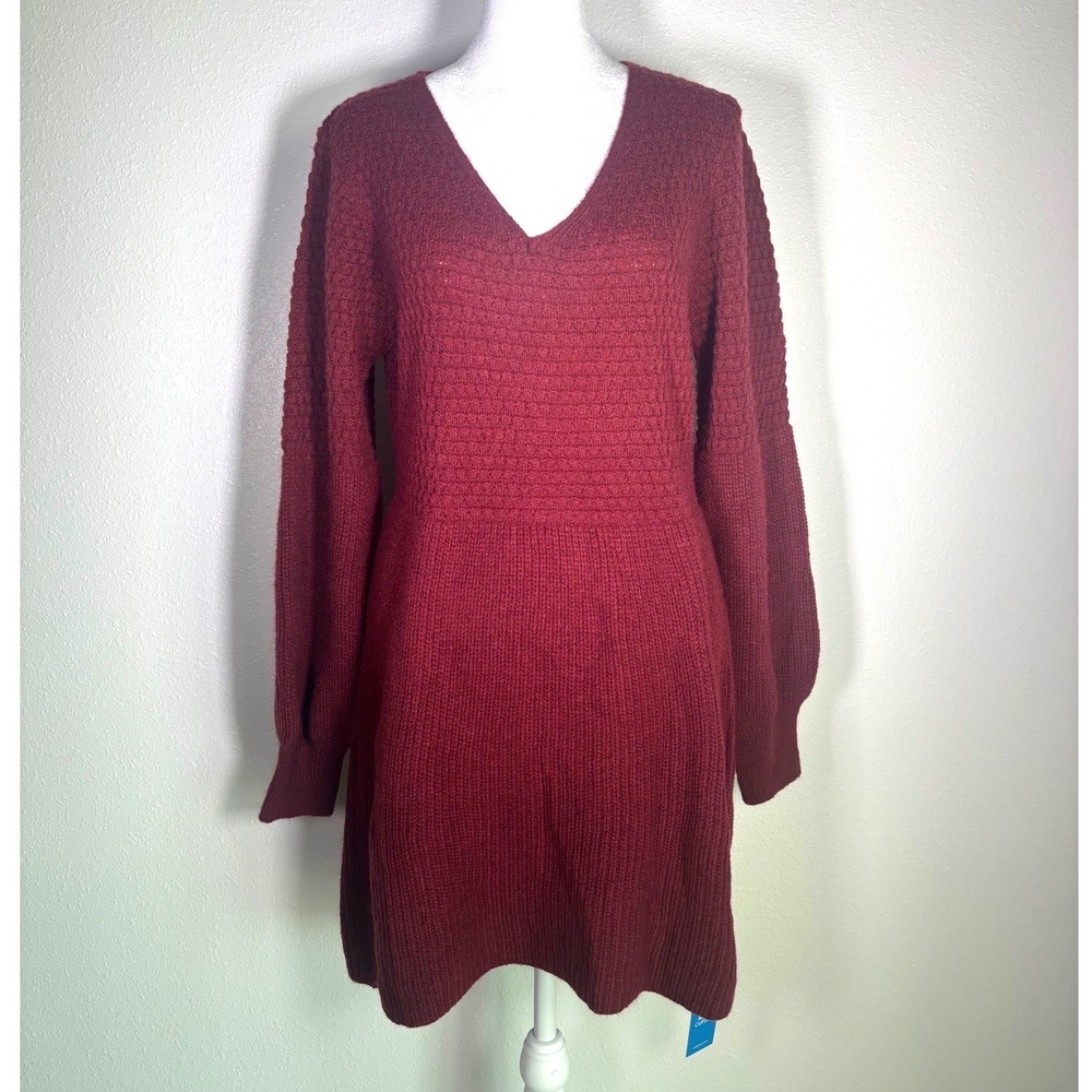 Knit Burgundy VNeck Lantern Sleeve Waffle Knit Sweater Dress Witchy Whimsigoth M